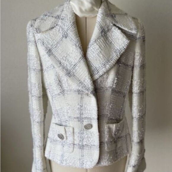 Escada White/Off white Plaid & Boucle Jacket Size M - Picture 2 of 8